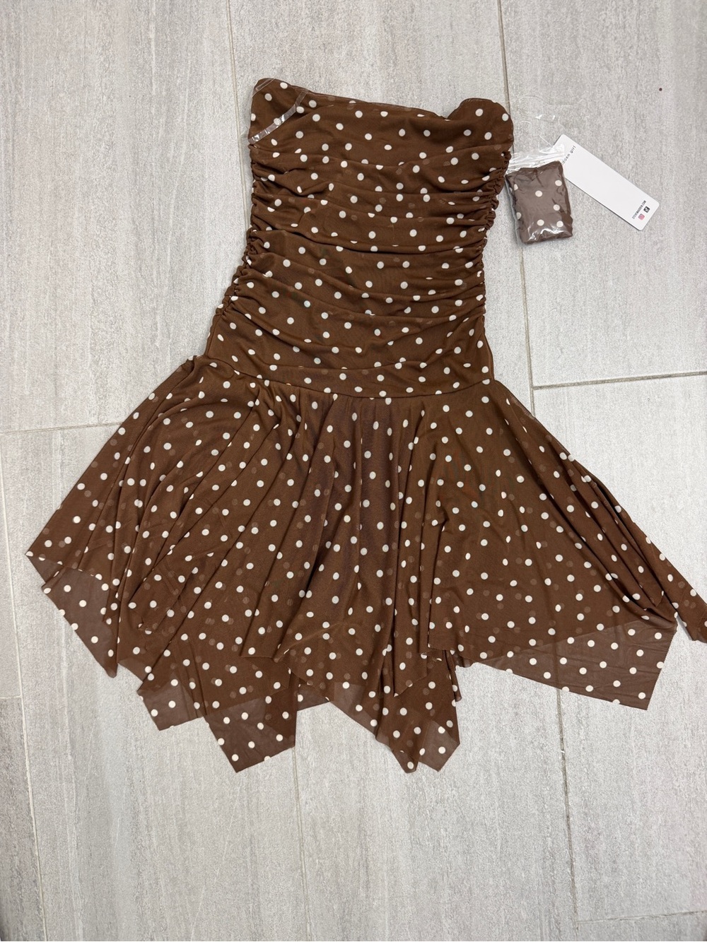 Steve Madden Brown & White Polka Dot Strapless Ruched Skater Dress